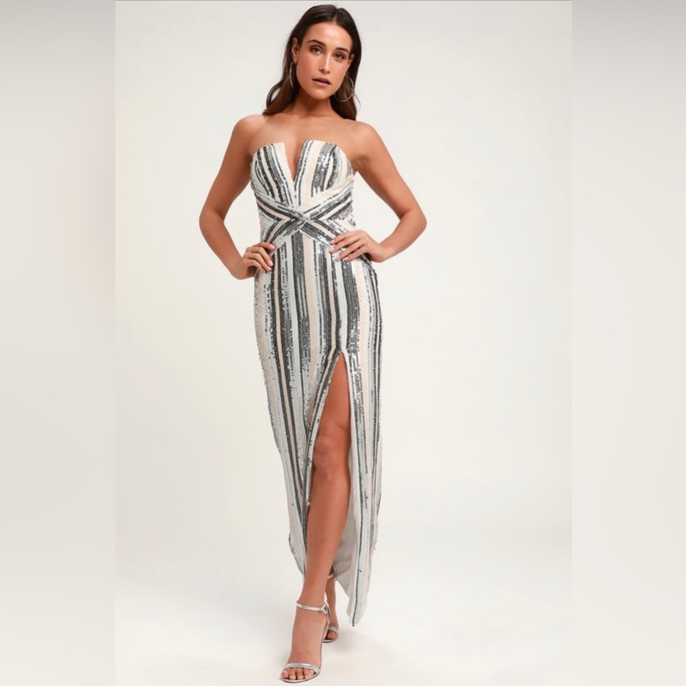 Glenda Silver Multi-striped Strapless Sequin Maxi Dress